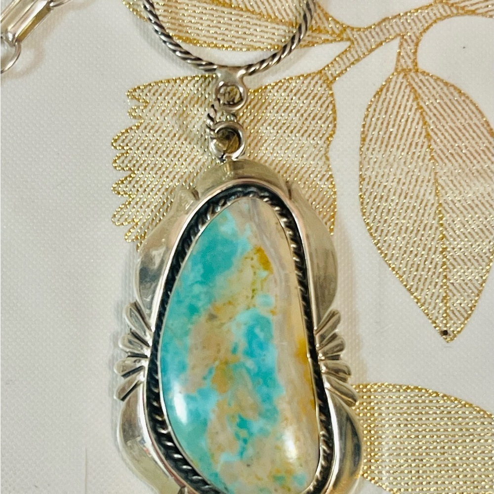 VTG Native American Sterling Silver Turquoise Pendant Paperclip Necklace 24 G - Picture 2 of 10